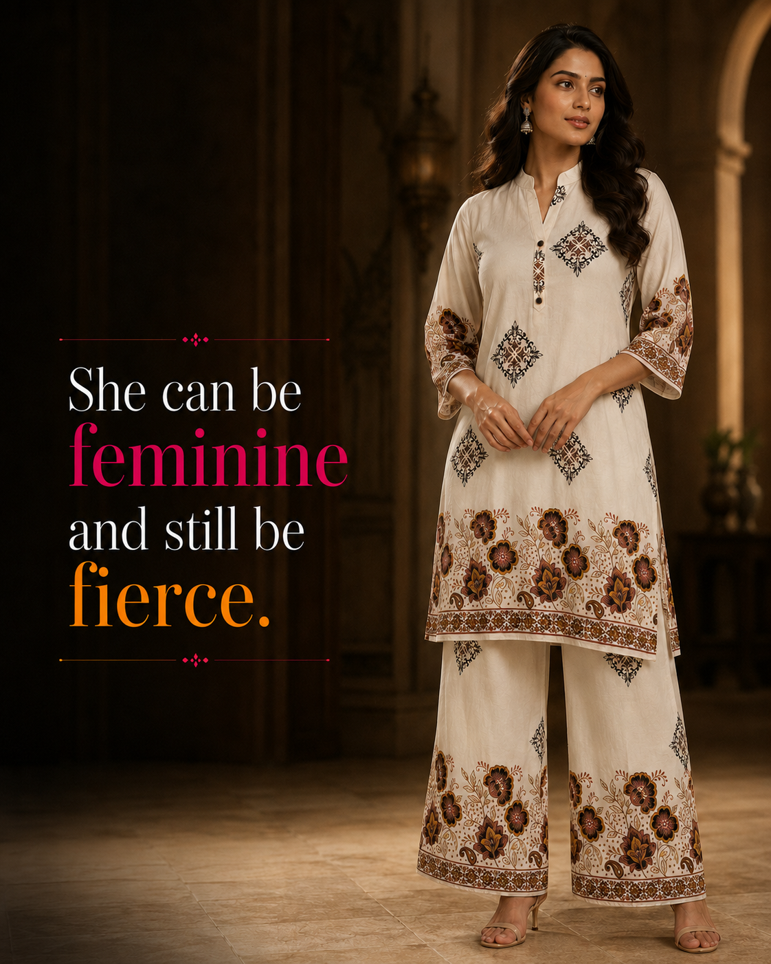 She can be feminine and still be fierce — UgraShe cream floral co-ord set